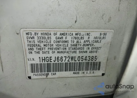 1998 Honda Civic Lx из США, поврежденный, VIN 1HGEJ6672WL054385